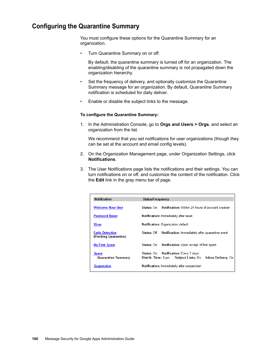 Configuring the quarantine summary | Google Message Security for Google Apps Administration Guide User Manual | Page 160 / 418