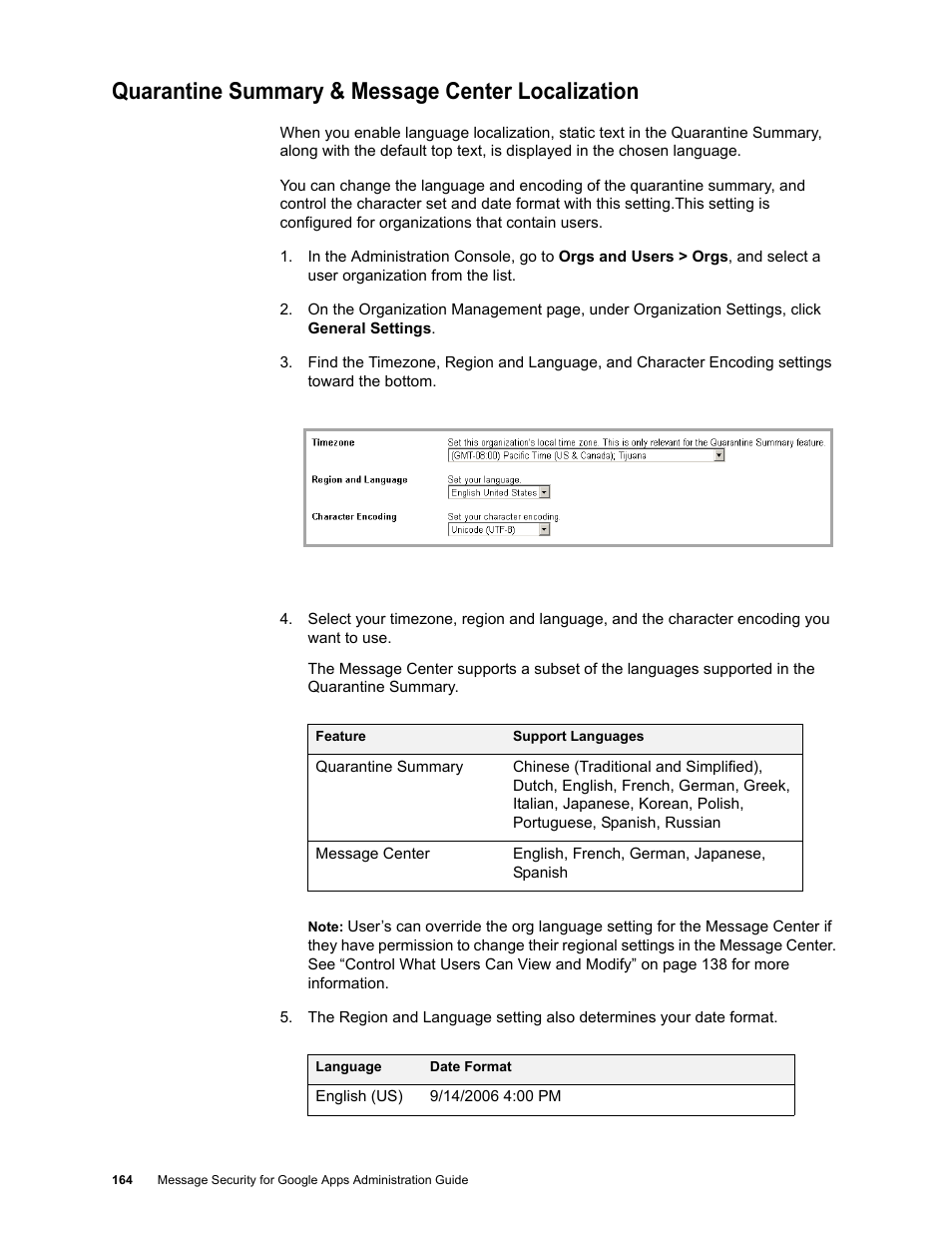 Quarantine summary & message center localization | Google Message Security for Google Apps Administration Guide User Manual | Page 164 / 418
