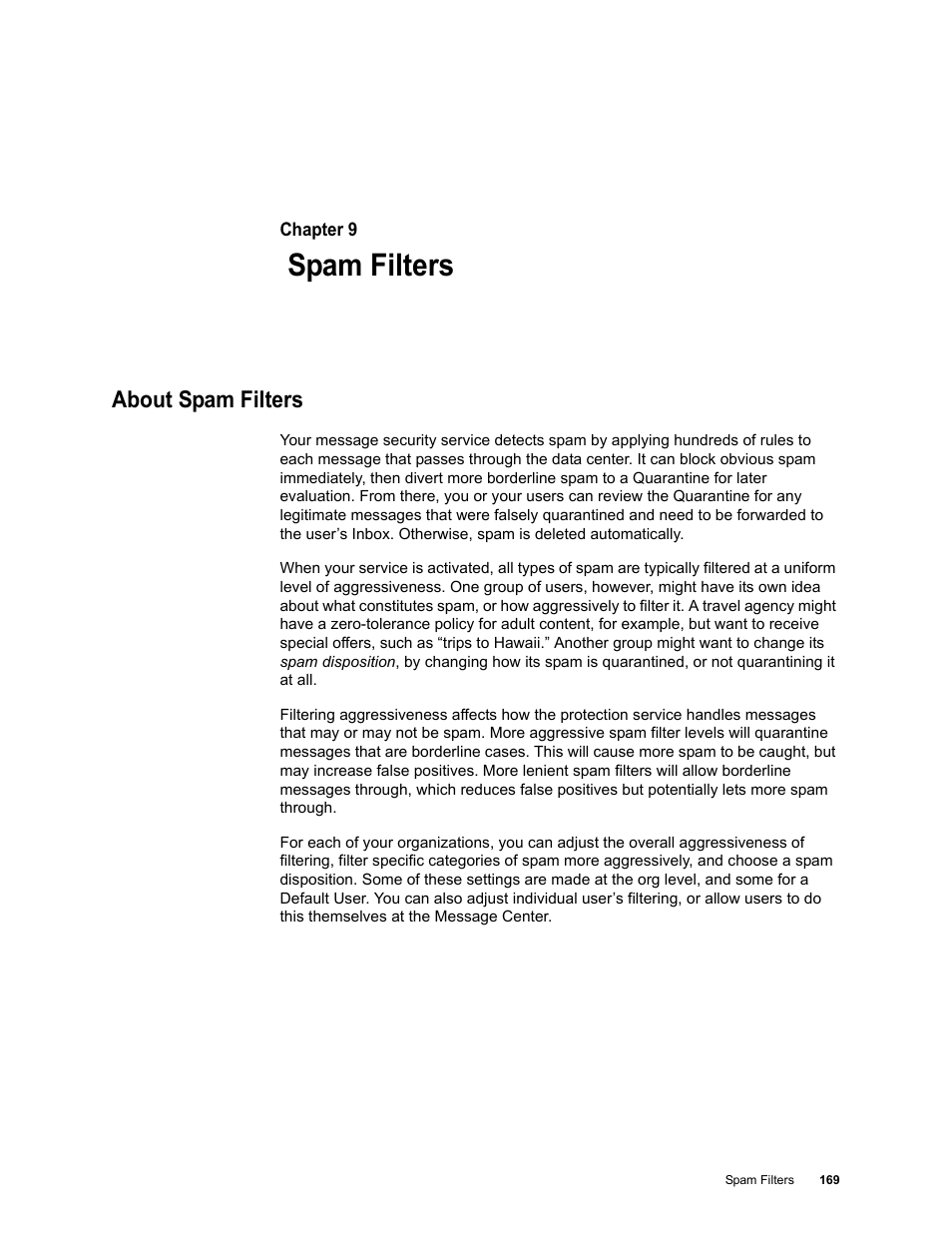 Spam filters, About spam filters, Chapter 9: spam filters | Google Message Security for Google Apps Administration Guide User Manual | Page 169 / 418