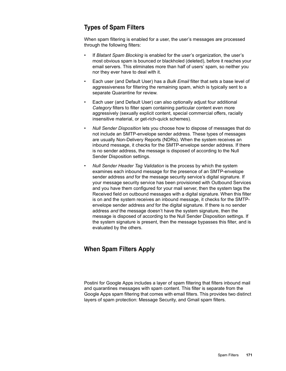 Types of spam filters, When spam filters apply | Google Message Security for Google Apps Administration Guide User Manual | Page 171 / 418