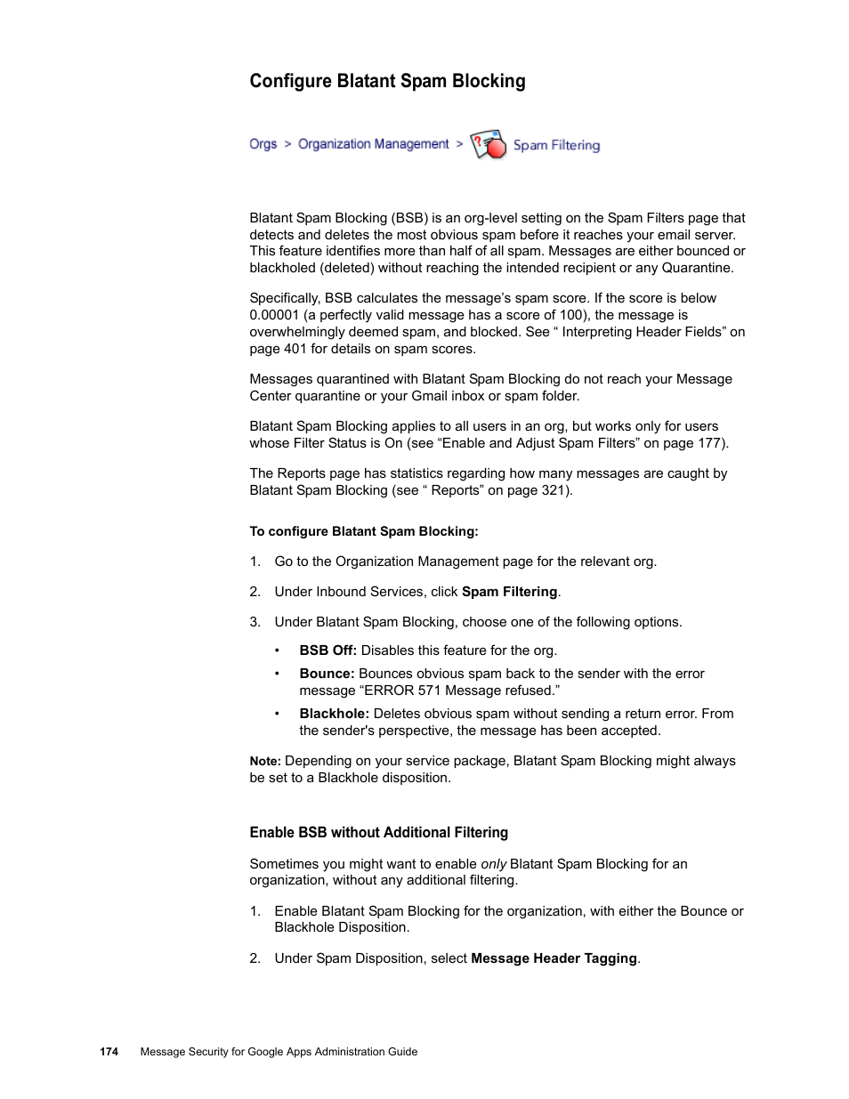 Configure blatant spam blocking | Google Message Security for Google Apps Administration Guide User Manual | Page 174 / 418