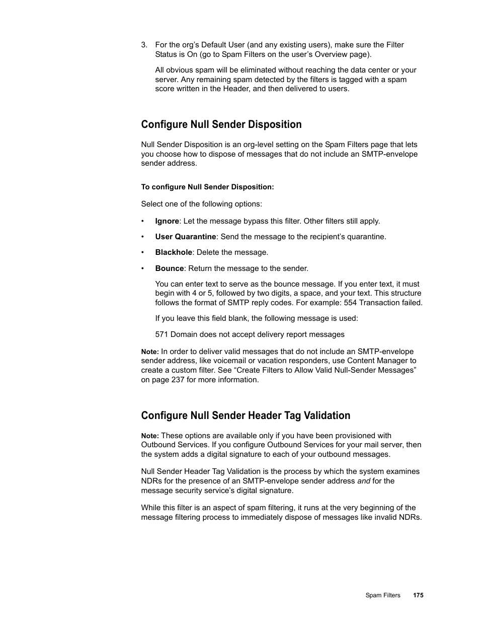 Configure null sender disposition, Configure null sender header tag validation | Google Message Security for Google Apps Administration Guide User Manual | Page 175 / 418