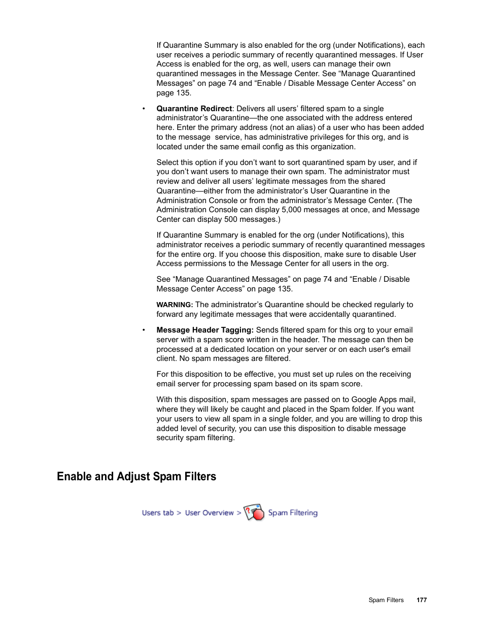 Enable and adjust spam filters | Google Message Security for Google Apps Administration Guide User Manual | Page 177 / 418