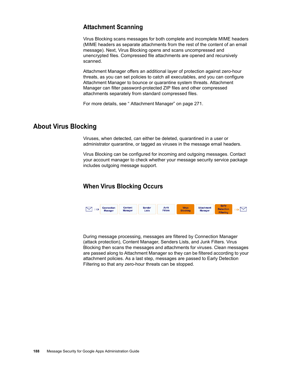 Attachment scanning, About virus blocking, When virus blocking occurs | Google Message Security for Google Apps Administration Guide User Manual | Page 188 / 418