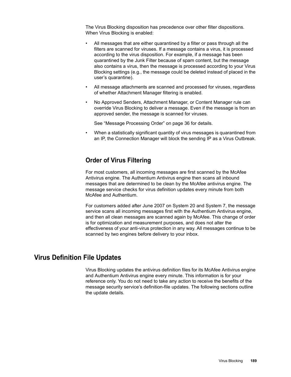 Order of virus filtering, Virus definition file updates | Google Message Security for Google Apps Administration Guide User Manual | Page 189 / 418