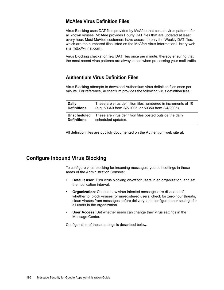 Mcafee virus definition files, Authentium virus definition files, Configure inbound virus blocking | Google Message Security for Google Apps Administration Guide User Manual | Page 190 / 418