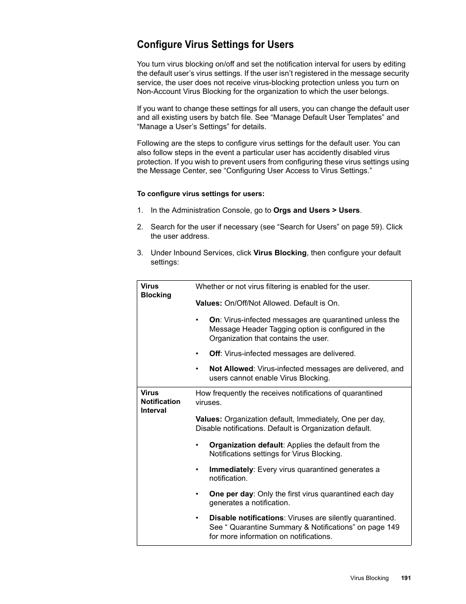 Configure virus settings for users | Google Message Security for Google Apps Administration Guide User Manual | Page 191 / 418