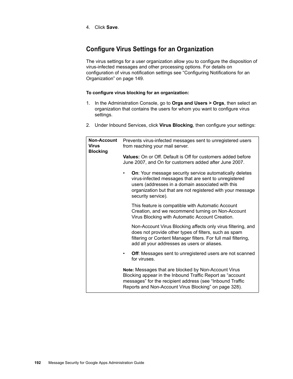 Configure virus settings for an organization | Google Message Security for Google Apps Administration Guide User Manual | Page 192 / 418
