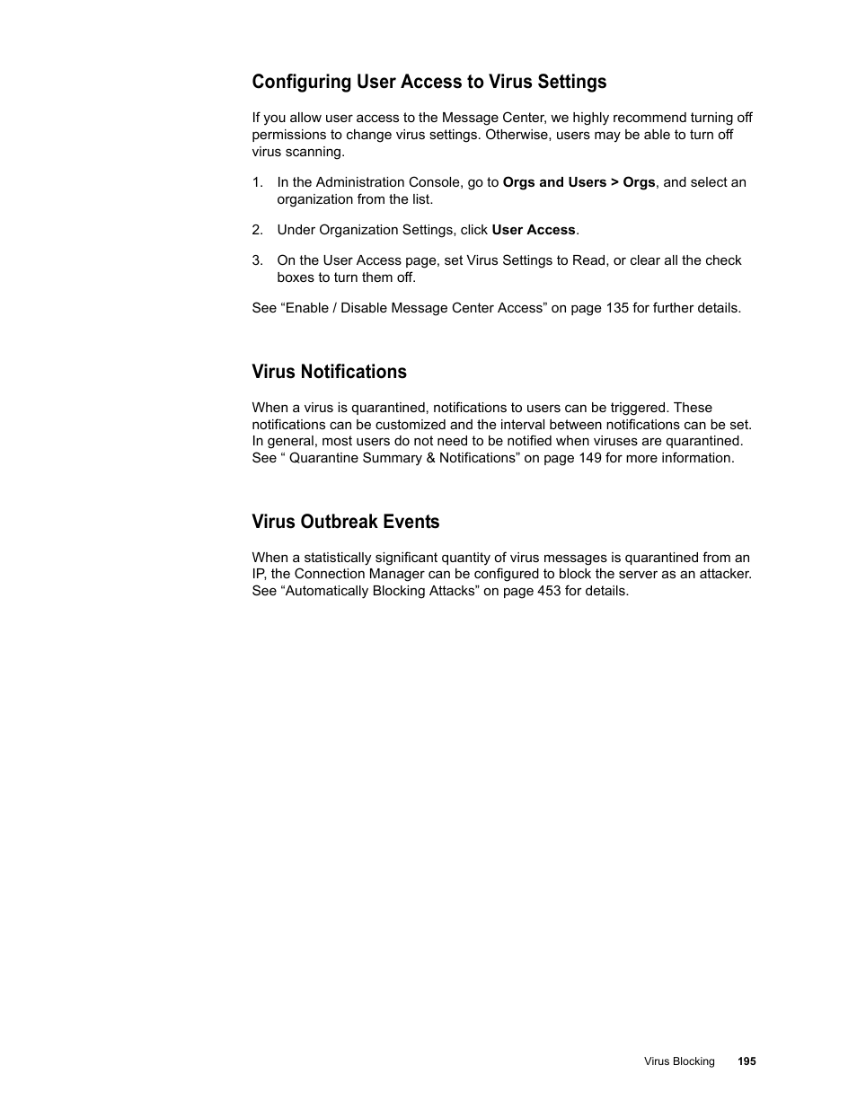 Configuring user access to virus settings, Virus notifications, Virus outbreak events | Google Message Security for Google Apps Administration Guide User Manual | Page 195 / 418