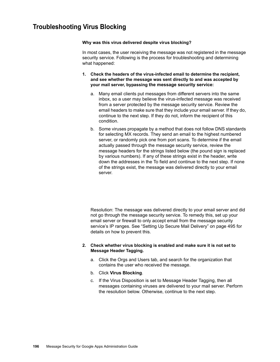 Troubleshooting virus blocking | Google Message Security for Google Apps Administration Guide User Manual | Page 196 / 418