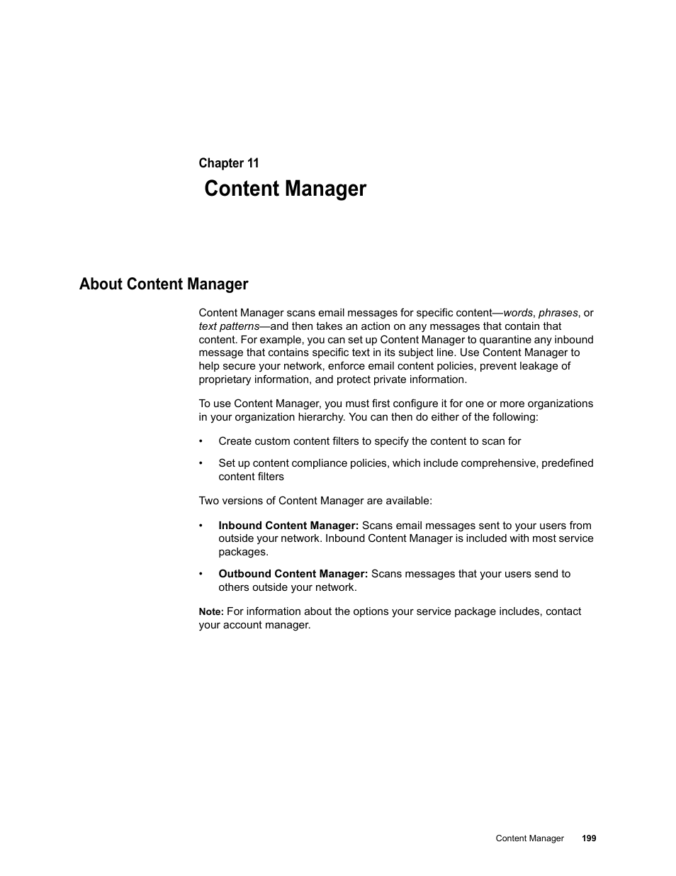 Content manager, About content manager, Chapter 11: content manager | Google Message Security for Google Apps Administration Guide User Manual | Page 199 / 418
