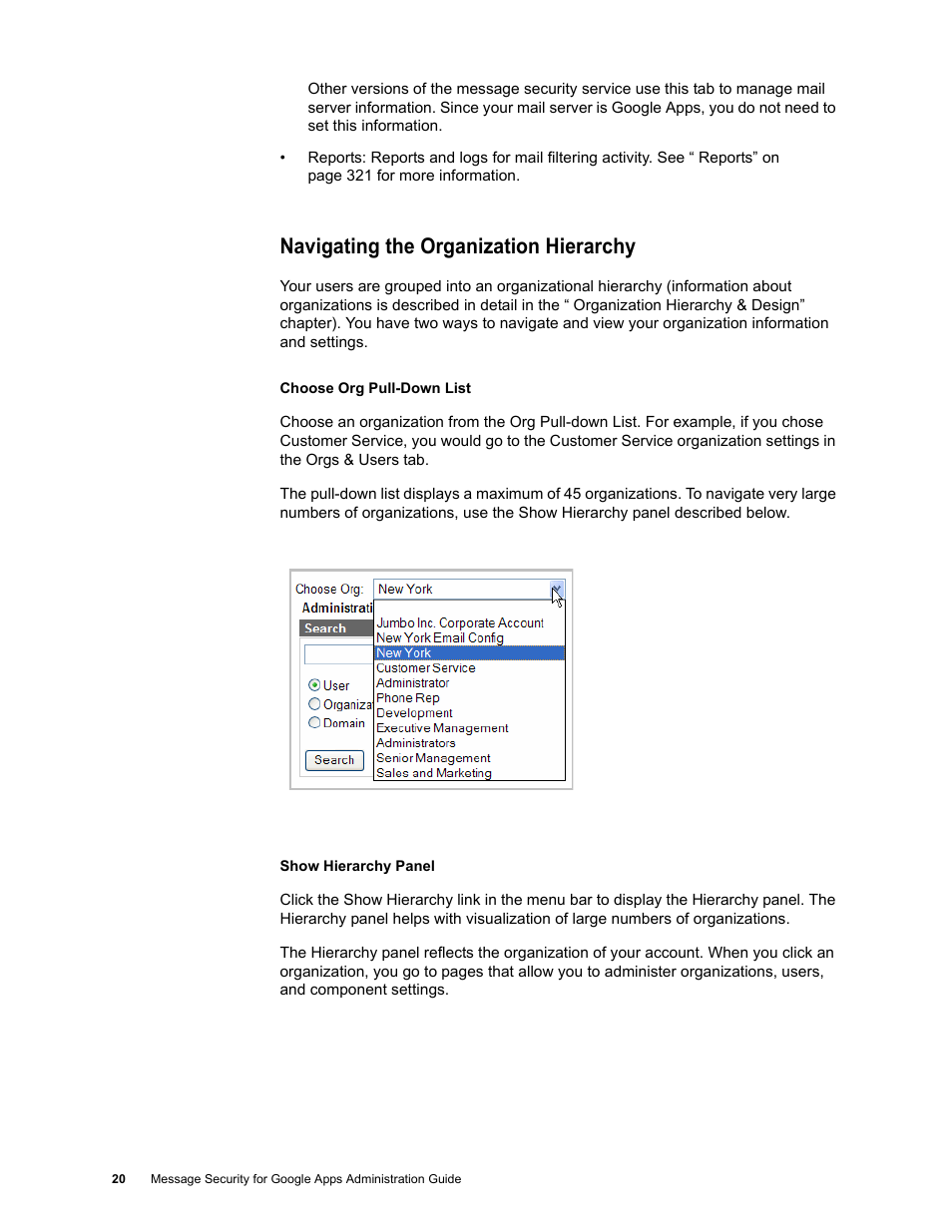 Navigating the organization hierarchy | Google Message Security for Google Apps Administration Guide User Manual | Page 20 / 418