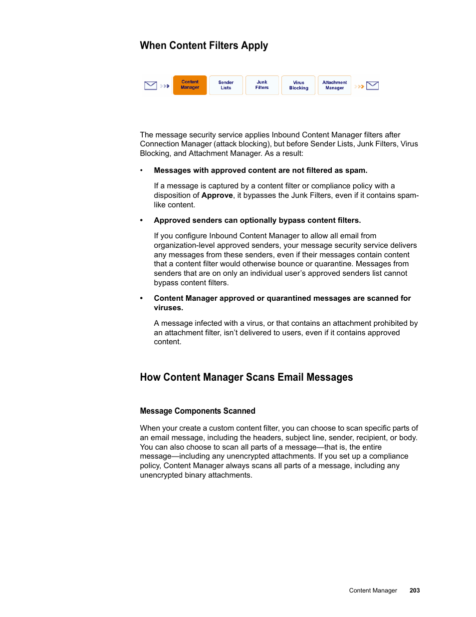 When content filters apply, How content manager scans email messages | Google Message Security for Google Apps Administration Guide User Manual | Page 203 / 418