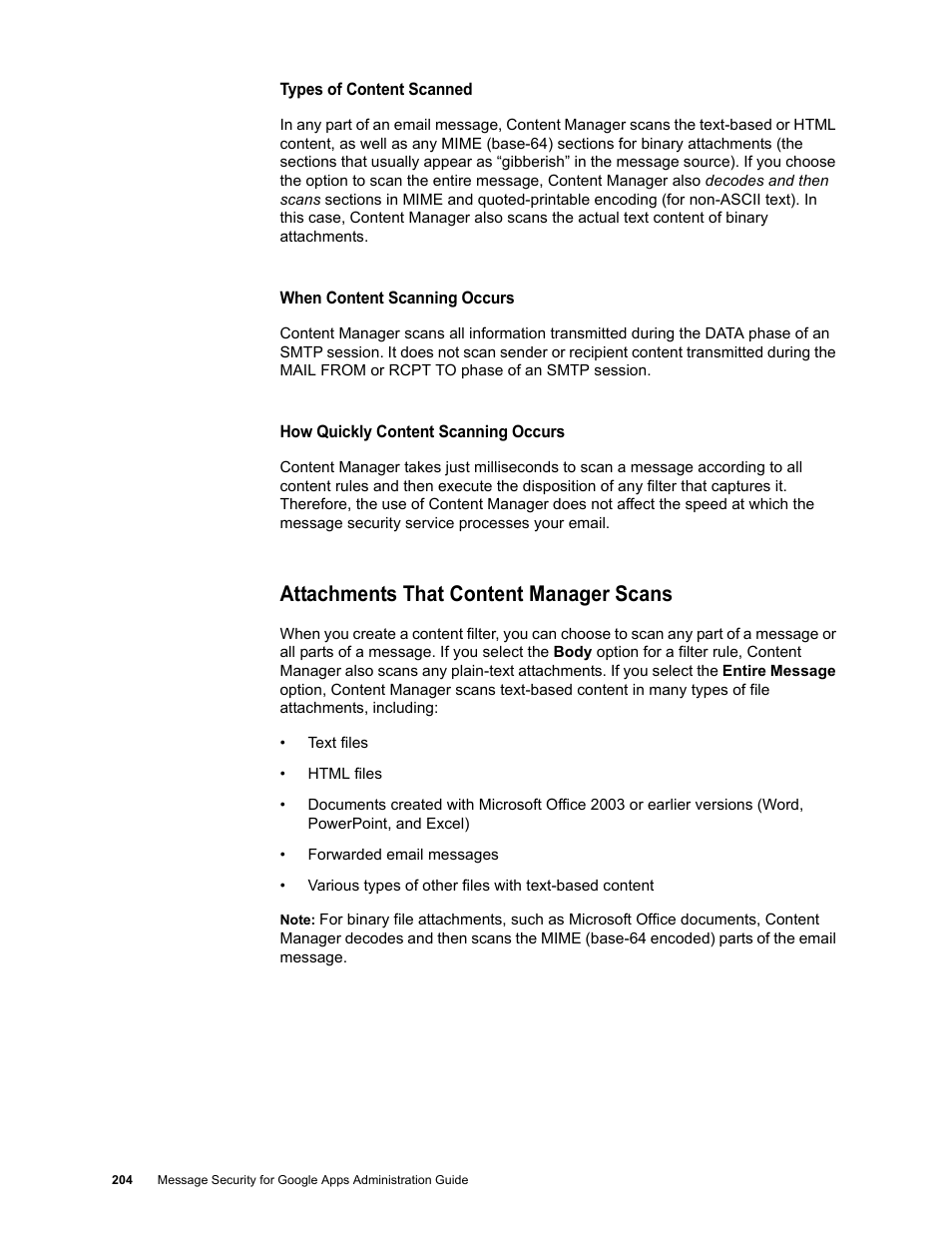 Attachments that content manager scans | Google Message Security for Google Apps Administration Guide User Manual | Page 204 / 418