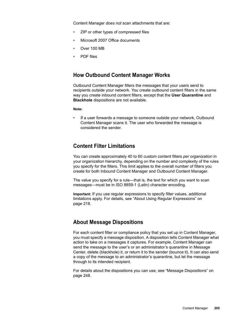 How outbound content manager works, Content filter limitations, About message dispositions | Google Message Security for Google Apps Administration Guide User Manual | Page 205 / 418
