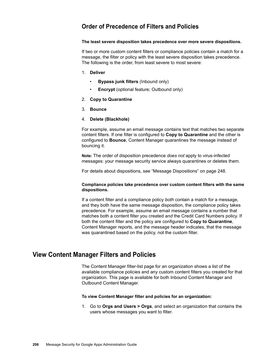 Order of precedence of filters and policies, View content manager filters and policies | Google Message Security for Google Apps Administration Guide User Manual | Page 206 / 418