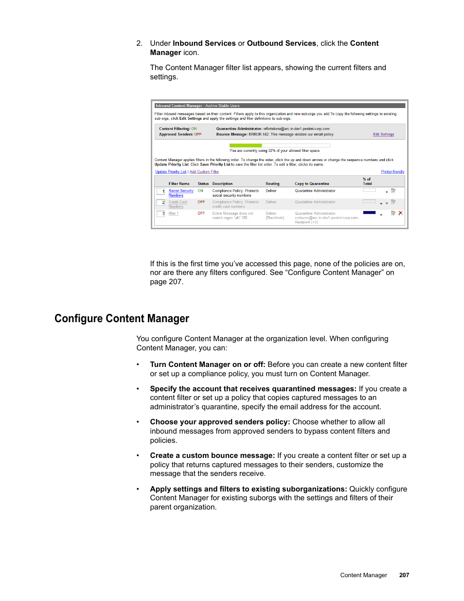 Configure content manager | Google Message Security for Google Apps Administration Guide User Manual | Page 207 / 418