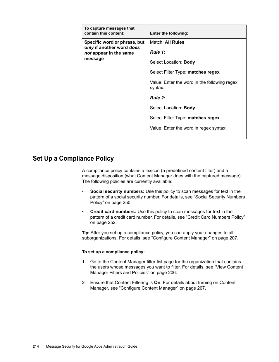 Set up a compliance policy | Google Message Security for Google Apps Administration Guide User Manual | Page 214 / 418