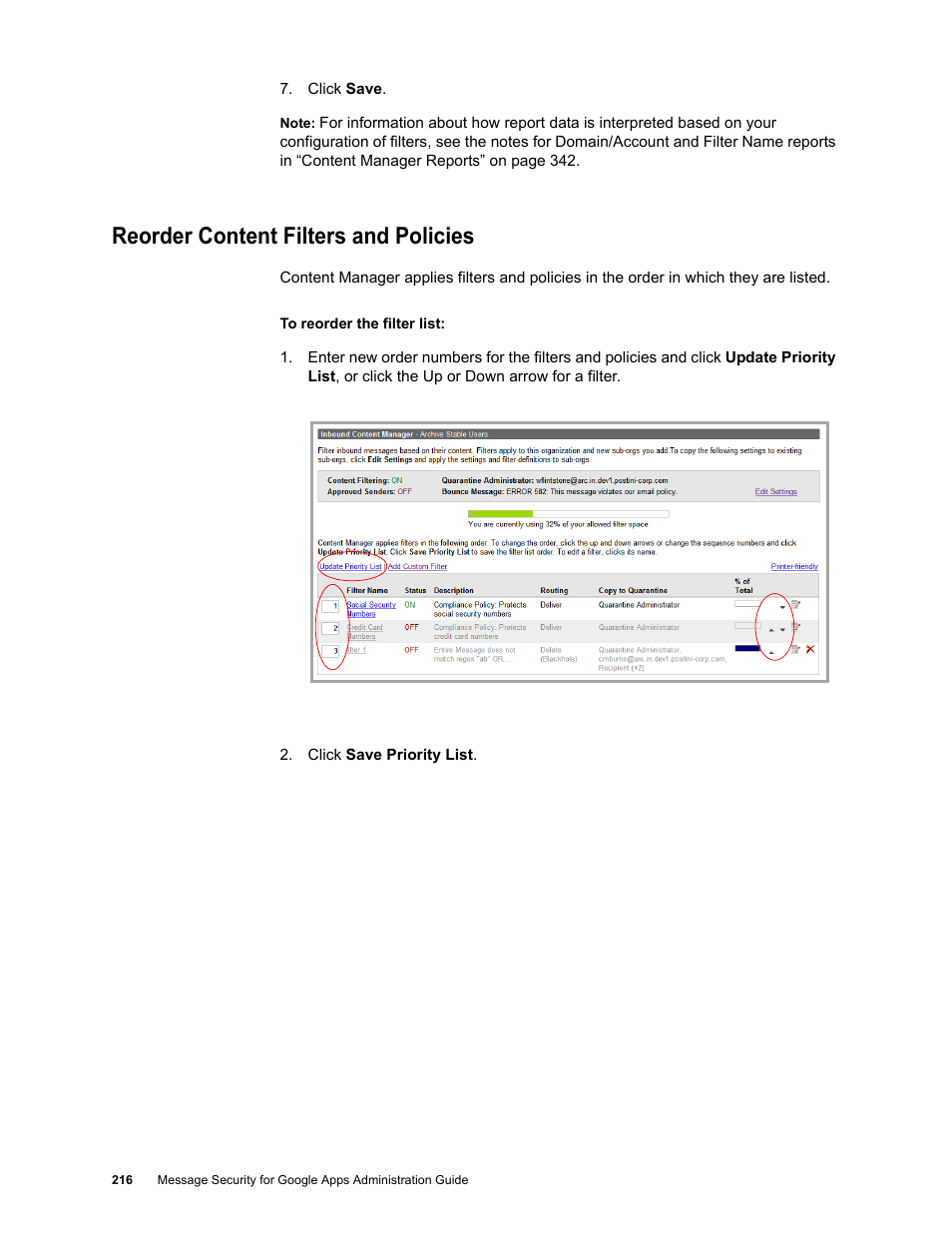Reorder content filters and policies | Google Message Security for Google Apps Administration Guide User Manual | Page 216 / 418