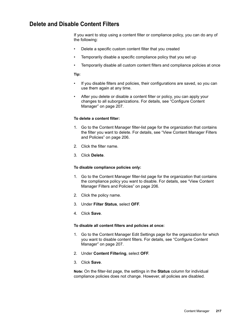 Delete and disable content filters | Google Message Security for Google Apps Administration Guide User Manual | Page 217 / 418