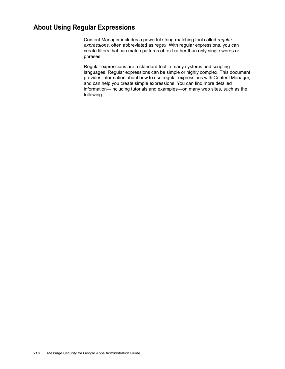 About using regular expressions | Google Message Security for Google Apps Administration Guide User Manual | Page 218 / 418