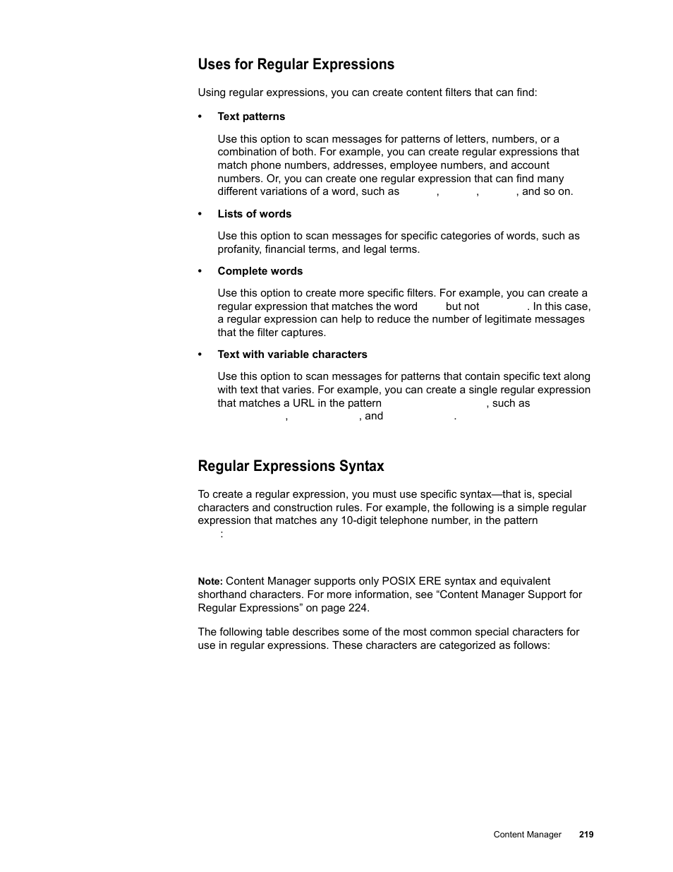 Uses for regular expressions, Regular expressions syntax | Google Message Security for Google Apps Administration Guide User Manual | Page 219 / 418