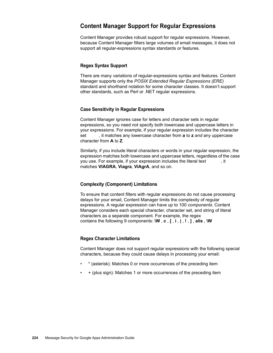 Content manager support for regular expressions | Google Message Security for Google Apps Administration Guide User Manual | Page 224 / 418