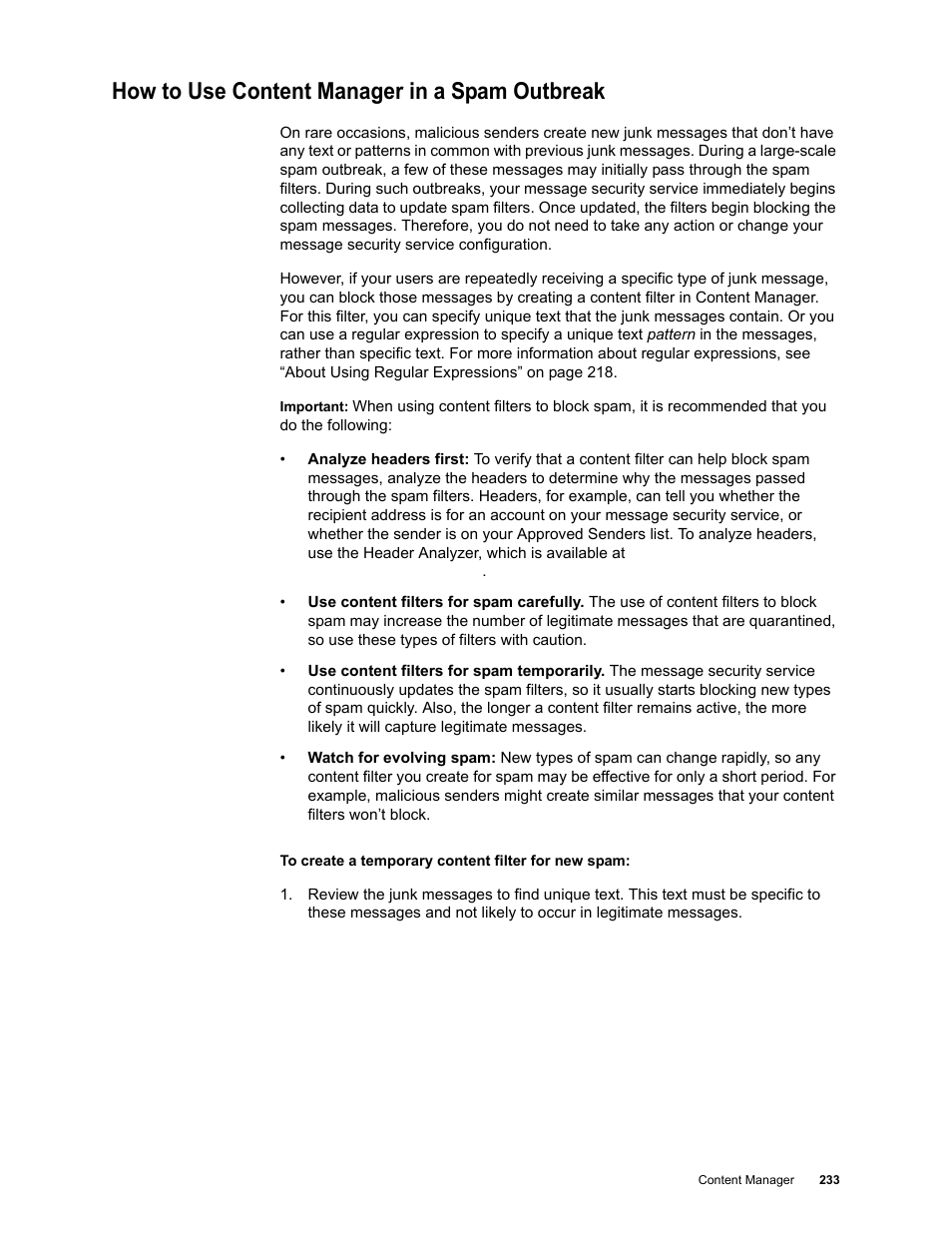 How to use content manager in a spam outbreak | Google Message Security for Google Apps Administration Guide User Manual | Page 233 / 418