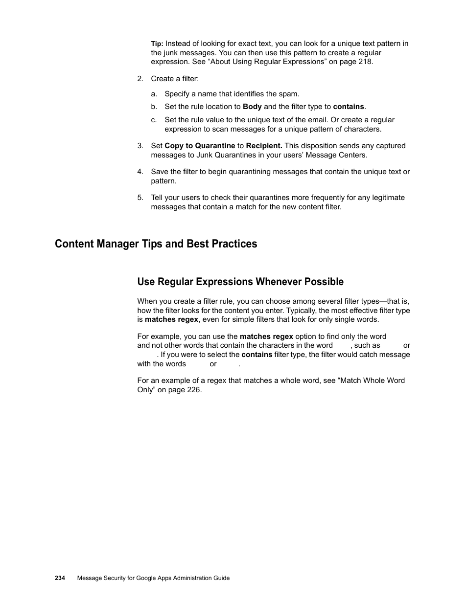 Content manager tips and best practices, Use regular expressions whenever possible | Google Message Security for Google Apps Administration Guide User Manual | Page 234 / 418