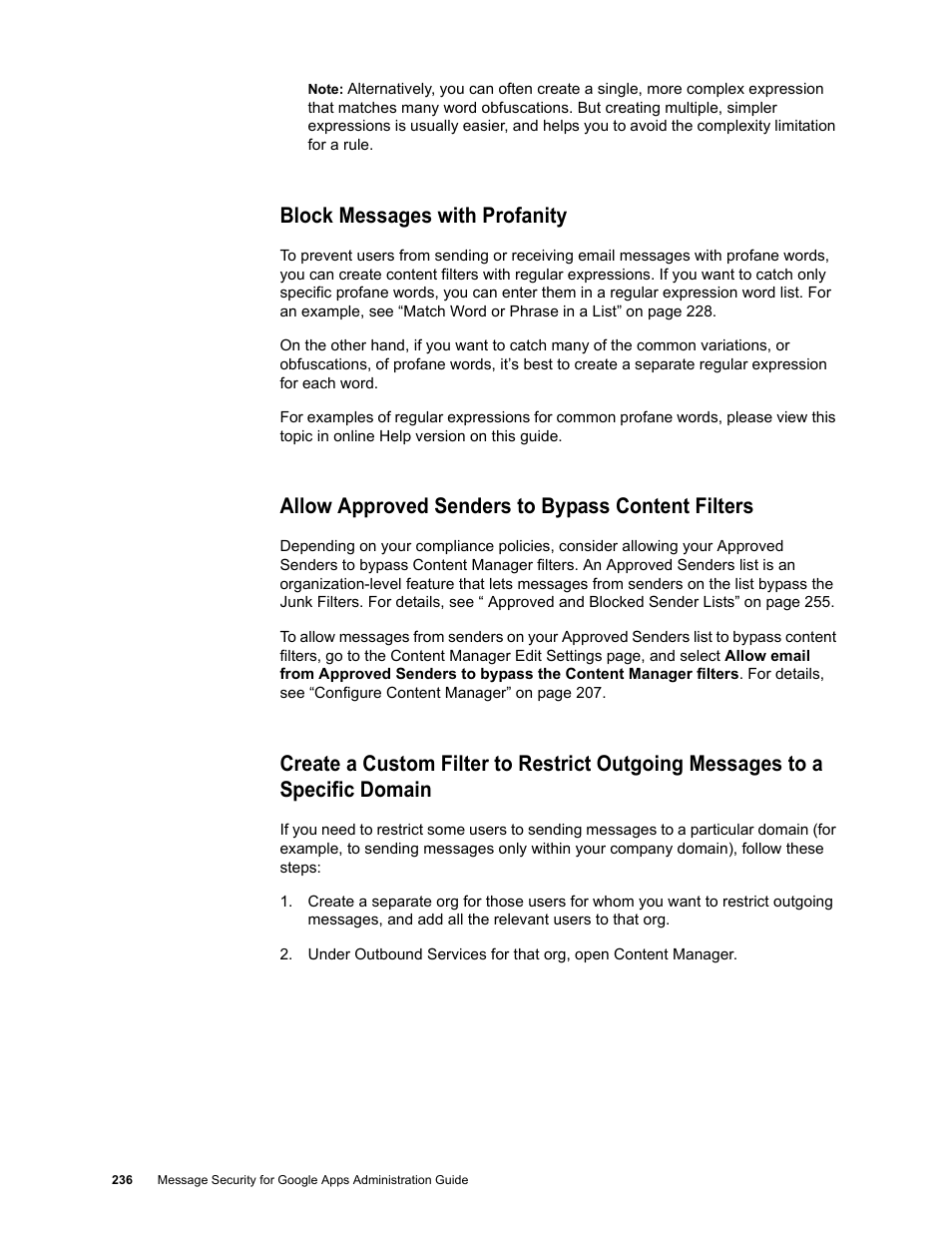 Block messages with profanity, Allow approved senders to bypass content filters | Google Message Security for Google Apps Administration Guide User Manual | Page 236 / 418
