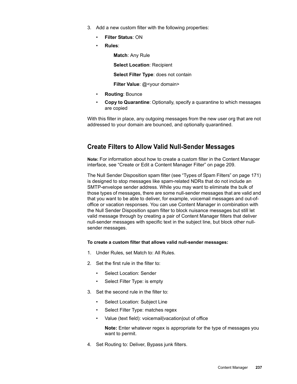Create filters to allow valid null-sender messages | Google Message Security for Google Apps Administration Guide User Manual | Page 237 / 418