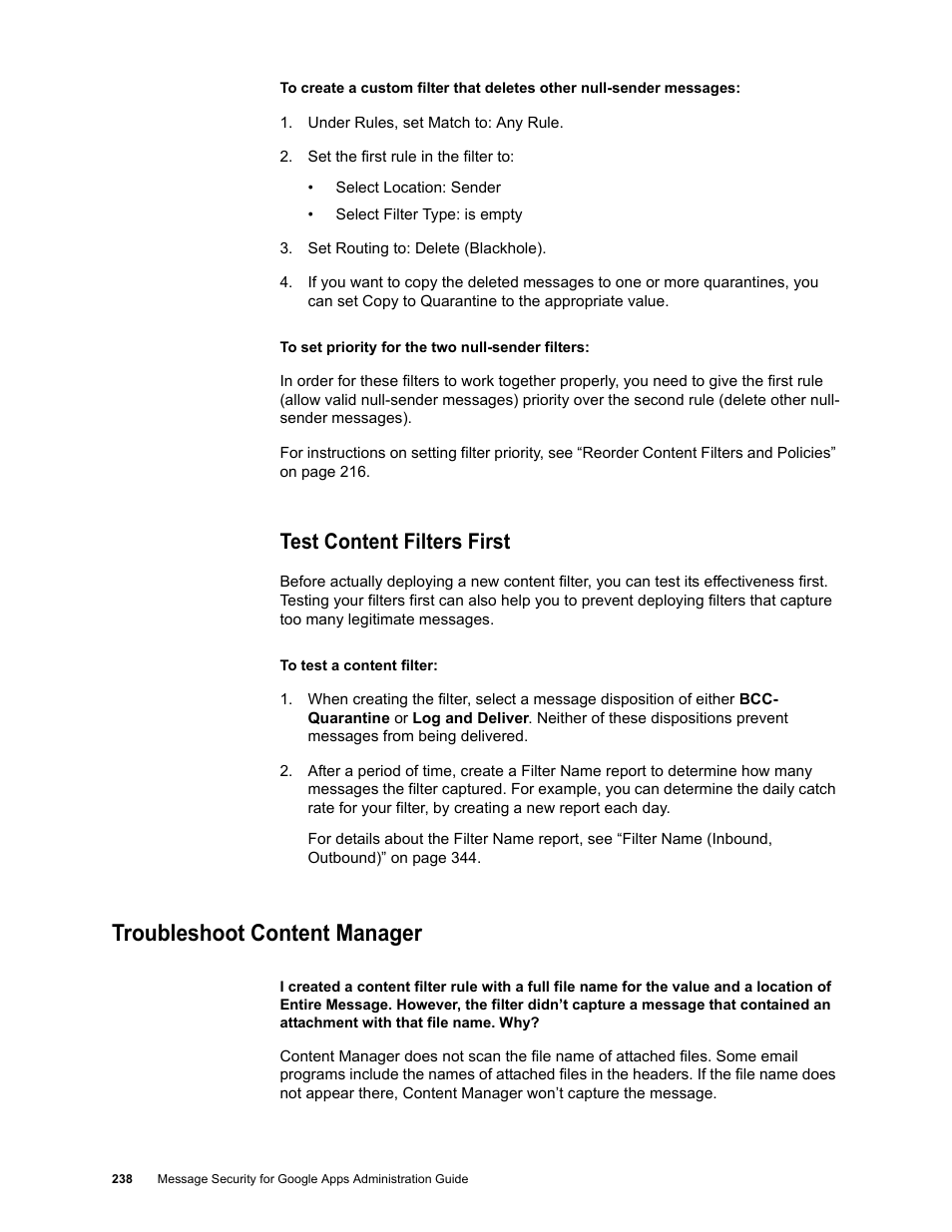 Test content filters first, Troubleshoot content manager | Google Message Security for Google Apps Administration Guide User Manual | Page 238 / 418