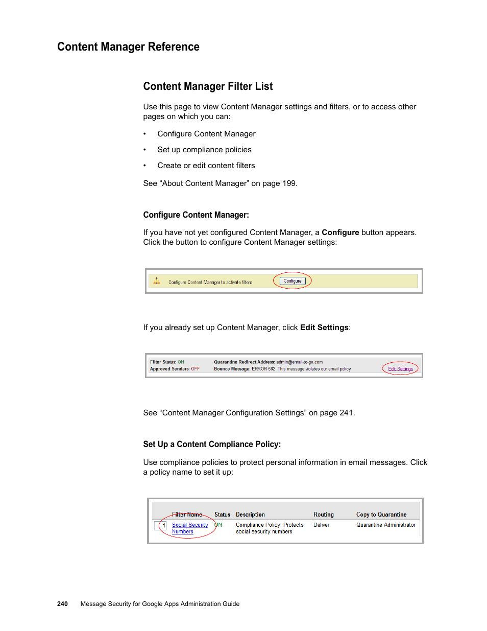 Content manager reference, Content manager filter list | Google Message Security for Google Apps Administration Guide User Manual | Page 240 / 418