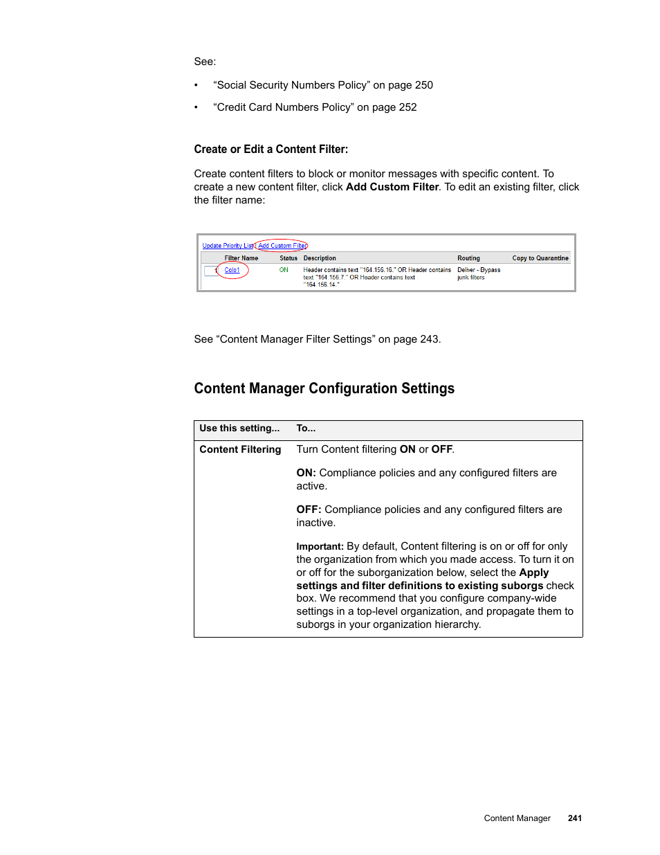 Content manager configuration settings | Google Message Security for Google Apps Administration Guide User Manual | Page 241 / 418