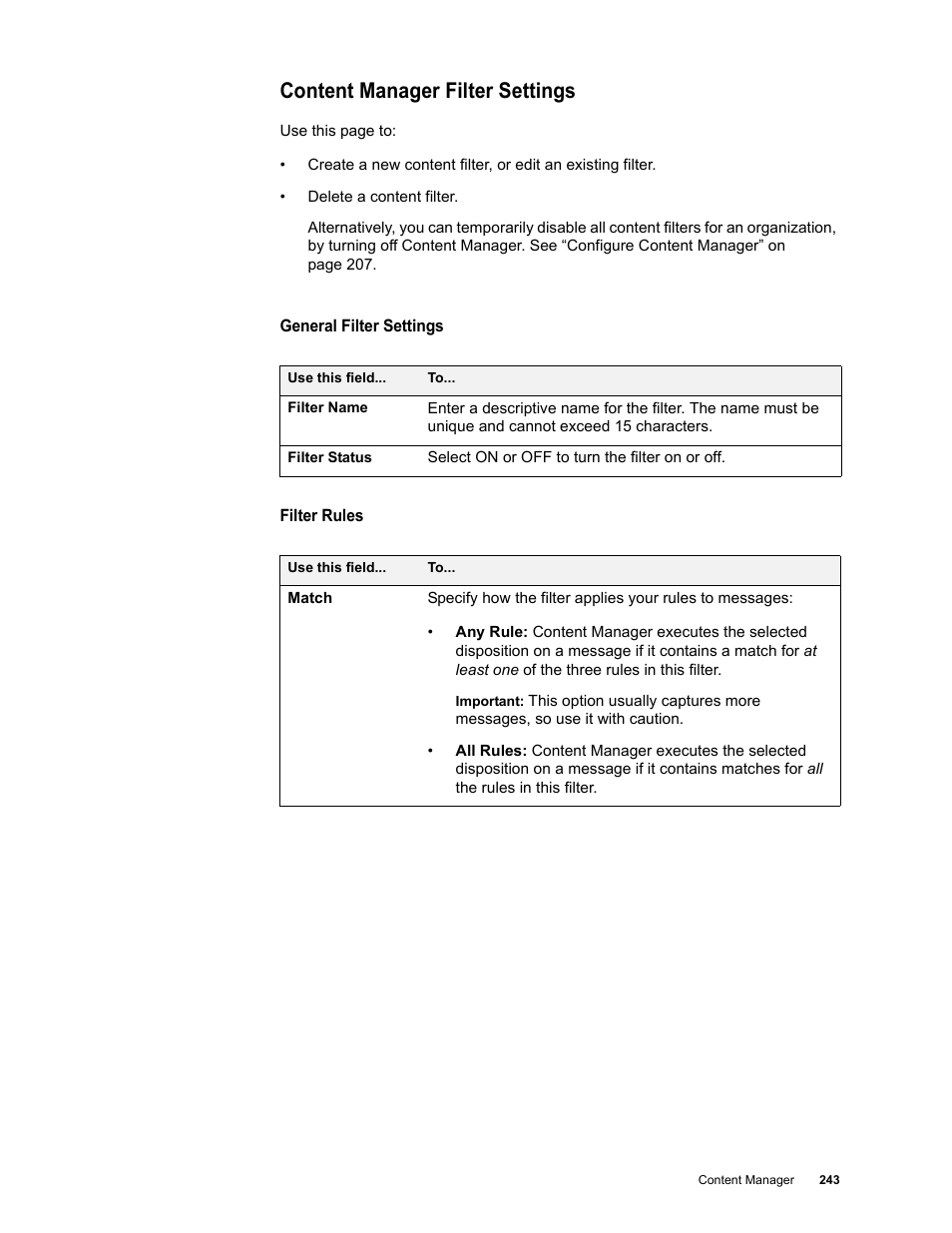 Content manager filter settings | Google Message Security for Google Apps Administration Guide User Manual | Page 243 / 418