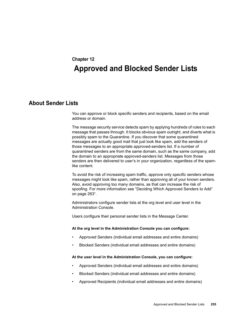 Approved and blocked sender lists, About sender lists, Chapter 12: approved and blocked sender lists | Google Message Security for Google Apps Administration Guide User Manual | Page 255 / 418