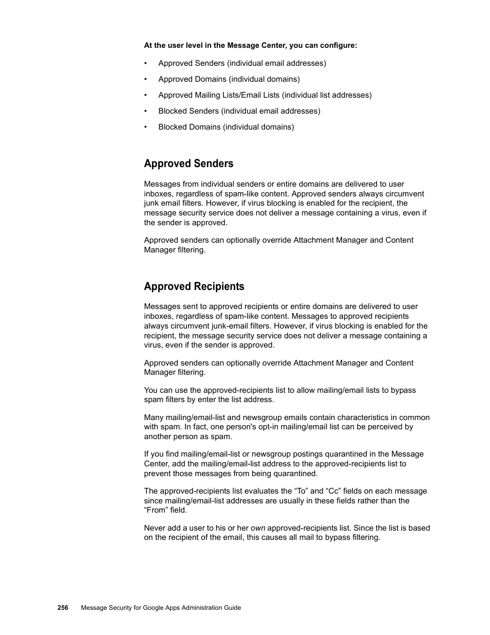 Approved senders, Approved recipients | Google Message Security for Google Apps Administration Guide User Manual | Page 256 / 418