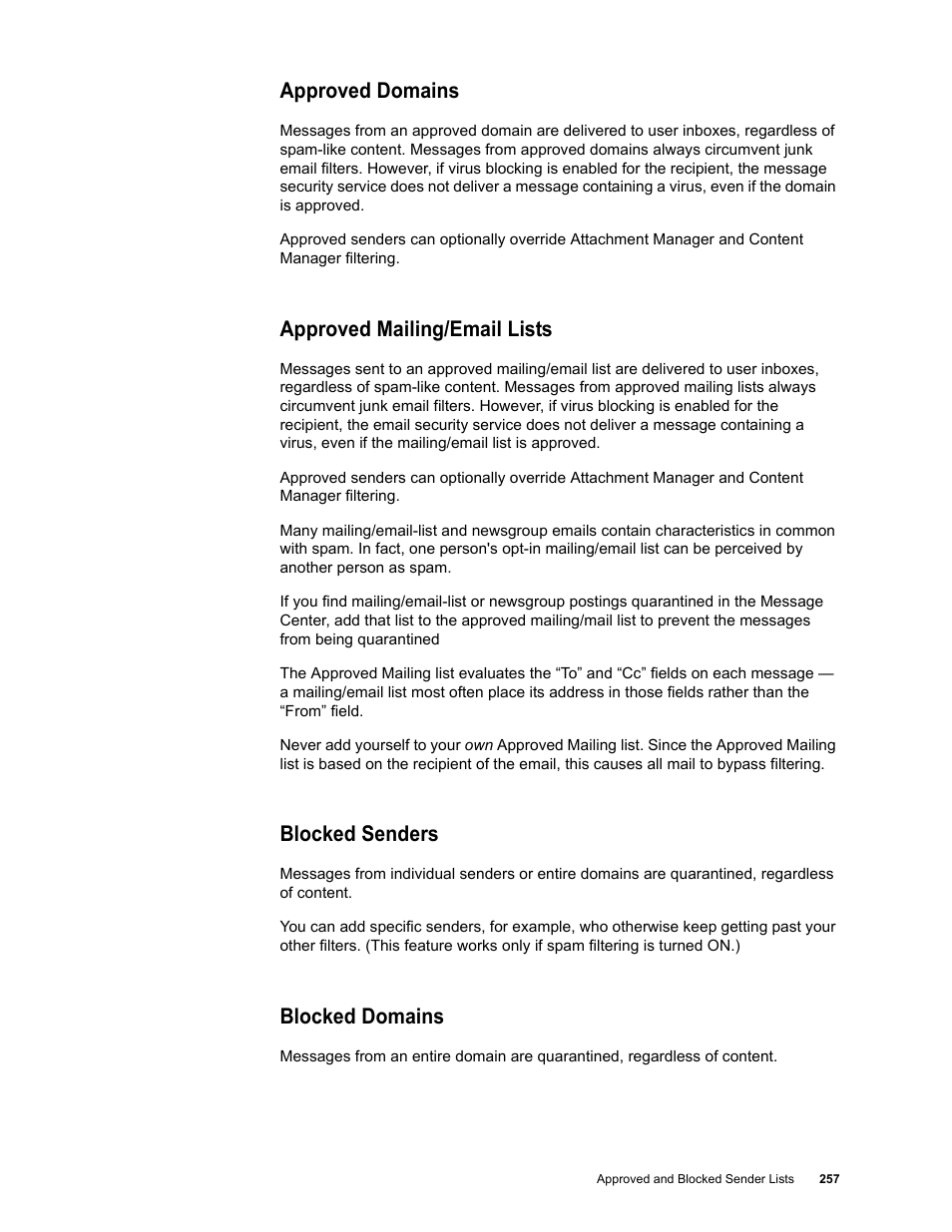 Approved domains, Approved mailing/email lists, Blocked senders | Blocked domains | Google Message Security for Google Apps Administration Guide User Manual | Page 257 / 418