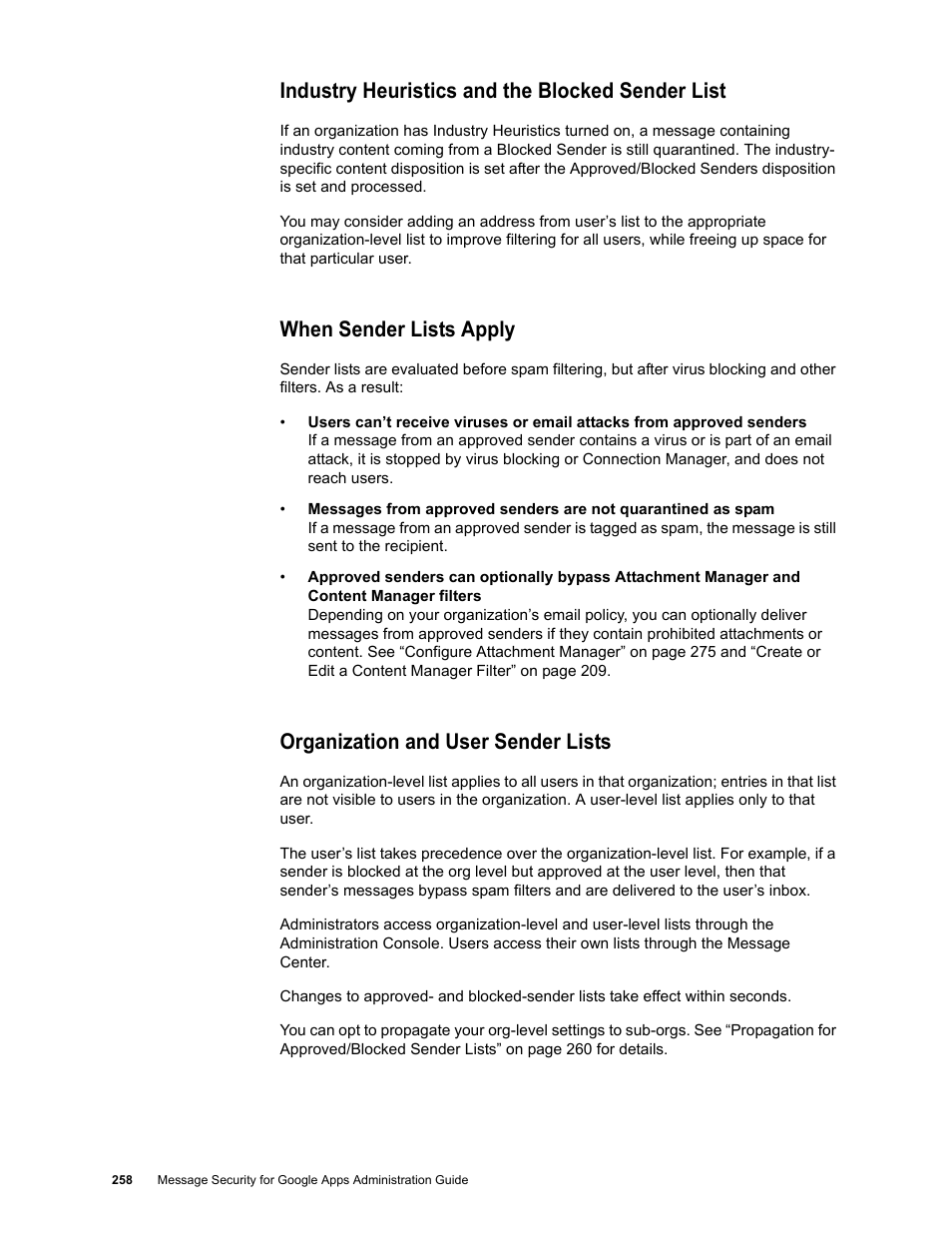 Industry heuristics and the blocked sender list, When sender lists apply, Organization and user sender lists | Google Message Security for Google Apps Administration Guide User Manual | Page 258 / 418