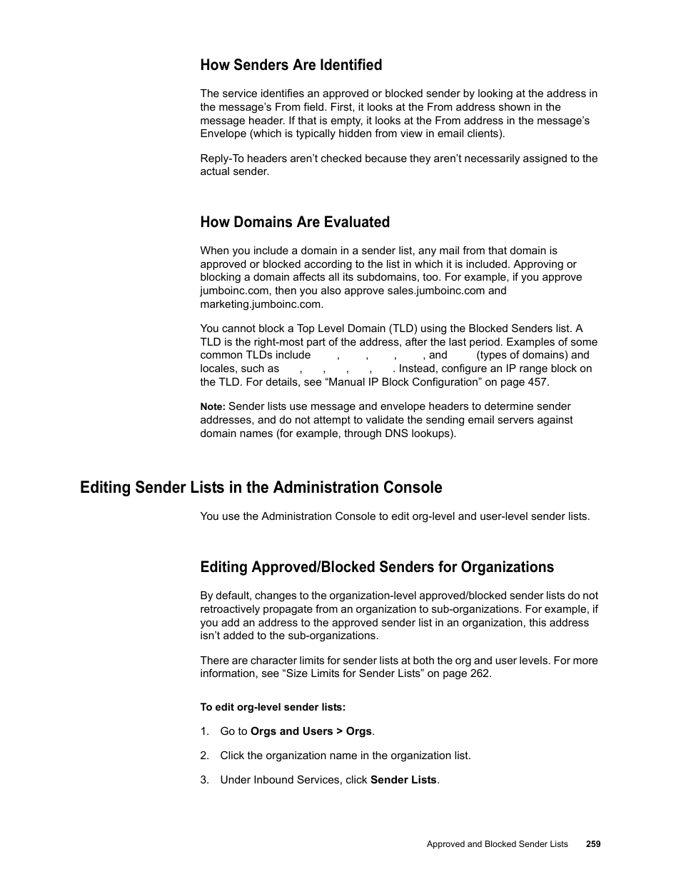How senders are identified, How domains are evaluated, Editing sender lists in the administration console | Editing approved/blocked senders for organizations | Google Message Security for Google Apps Administration Guide User Manual | Page 259 / 418