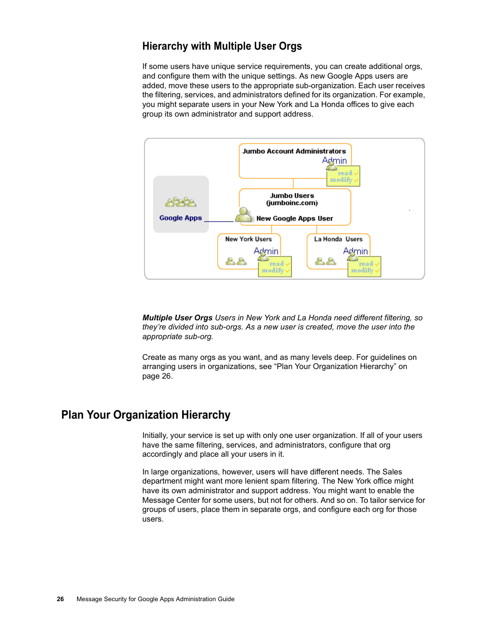 Hierarchy with multiple user orgs, Plan your organization hierarchy | Google Message Security for Google Apps Administration Guide User Manual | Page 26 / 418