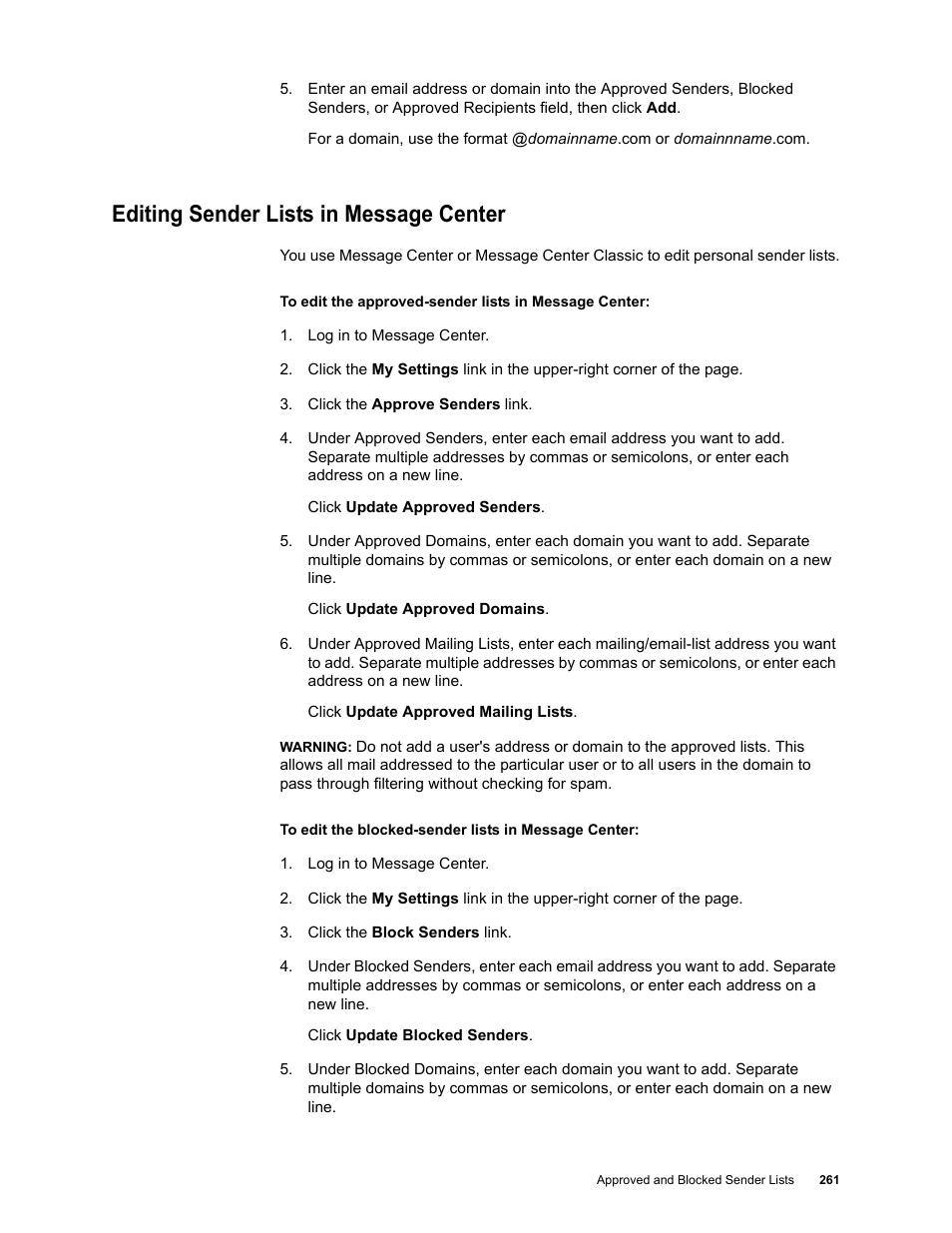 Editing sender lists in message center | Google Message Security for Google Apps Administration Guide User Manual | Page 261 / 418