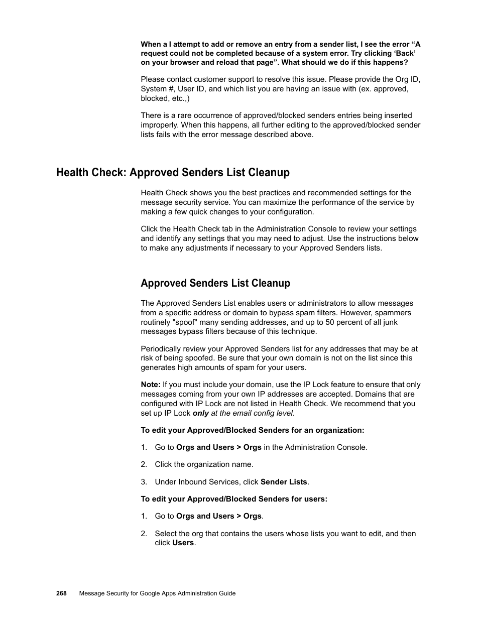 Health check: approved senders list cleanup, Approved senders list cleanup | Google Message Security for Google Apps Administration Guide User Manual | Page 268 / 418