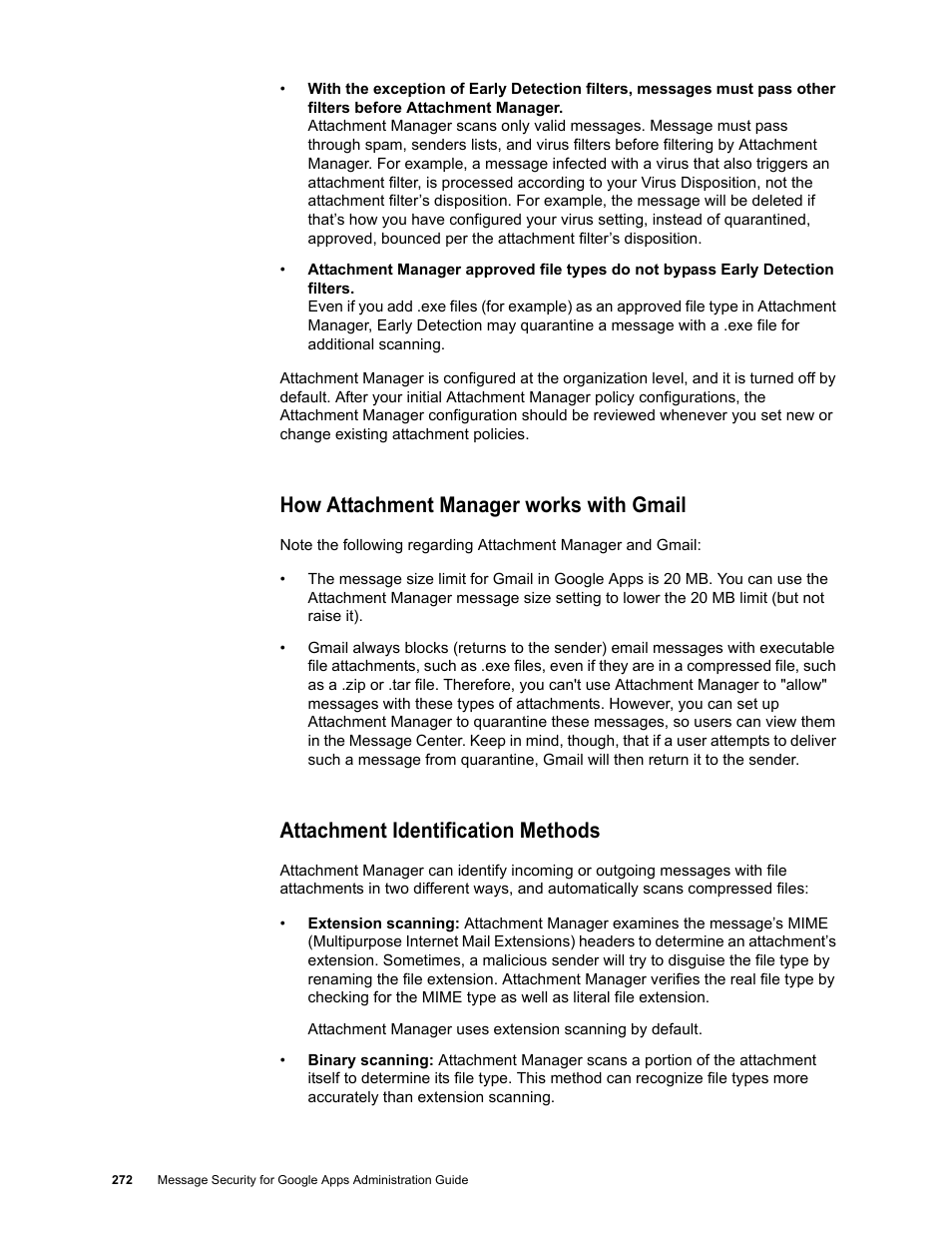 How attachment manager works with gmail, Attachment identification methods | Google Message Security for Google Apps Administration Guide User Manual | Page 272 / 418