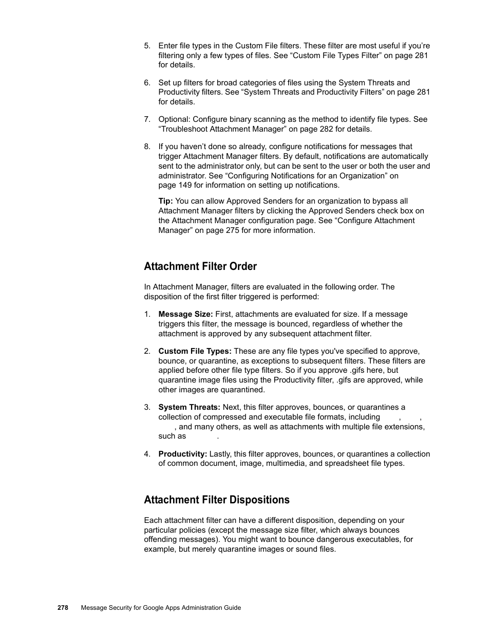 Attachment filter order, Attachment filter dispositions | Google Message Security for Google Apps Administration Guide User Manual | Page 278 / 418