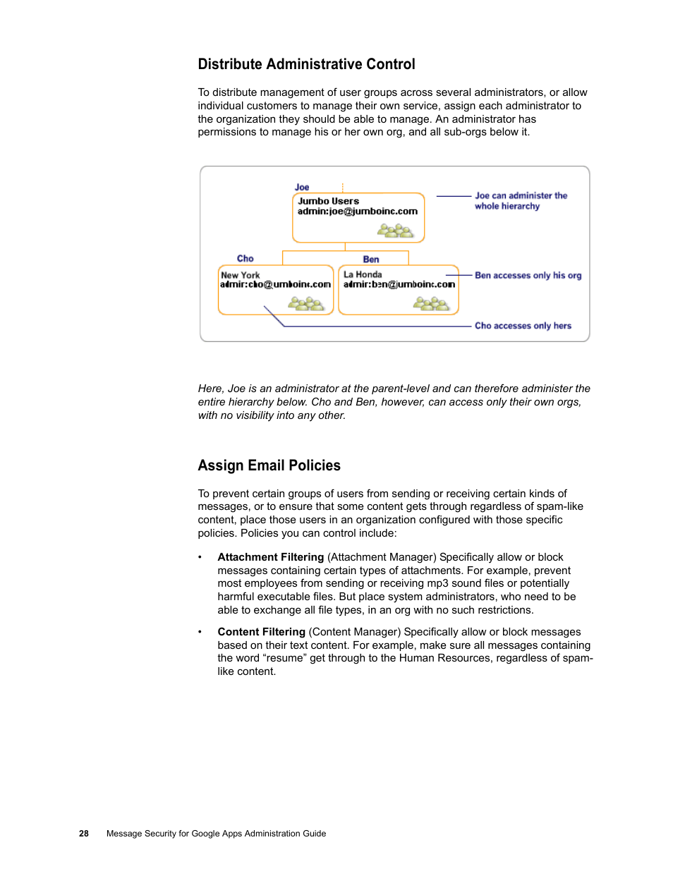 Distribute administrative control, Assign email policies | Google Message Security for Google Apps Administration Guide User Manual | Page 28 / 418