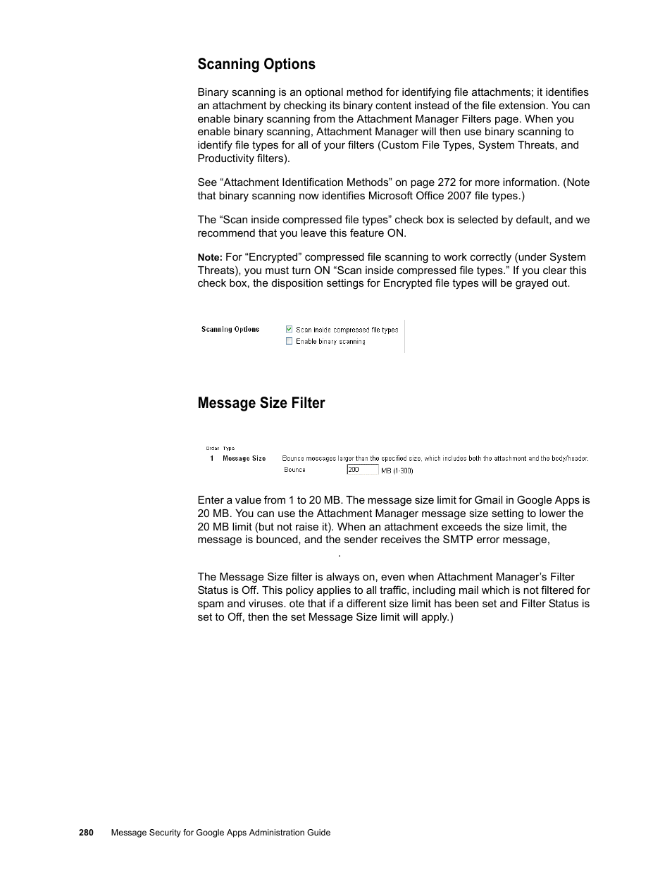 Scanning options, Message size filter | Google Message Security for Google Apps Administration Guide User Manual | Page 280 / 418