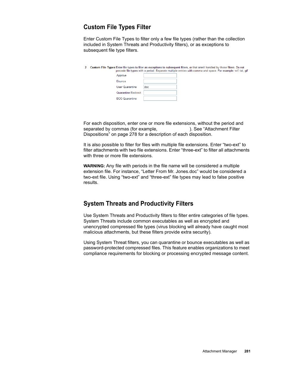 Custom file types filter, System threats and productivity filters | Google Message Security for Google Apps Administration Guide User Manual | Page 281 / 418