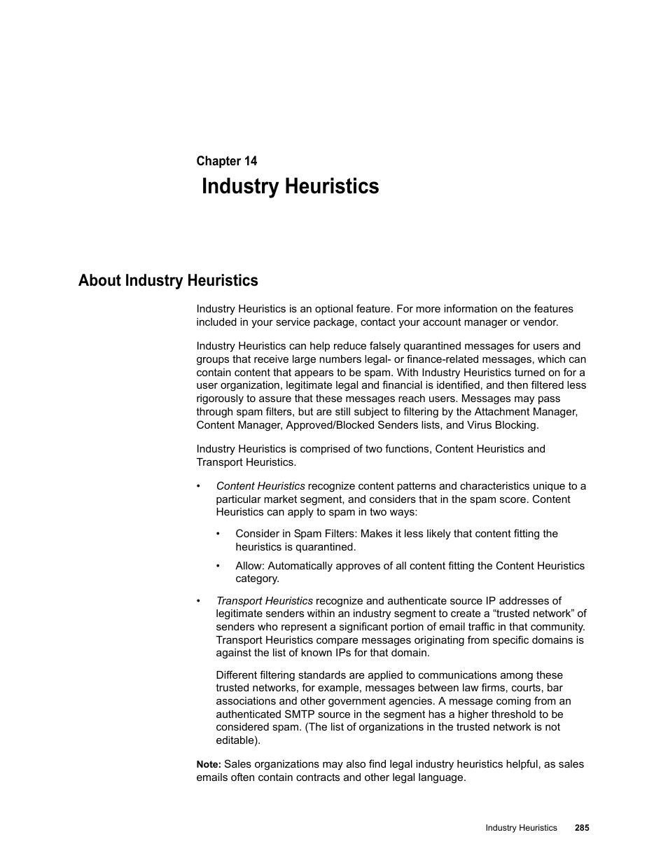 Industry heuristics, About industry heuristics, Chapter 14: industry heuristics | Google Message Security for Google Apps Administration Guide User Manual | Page 285 / 418