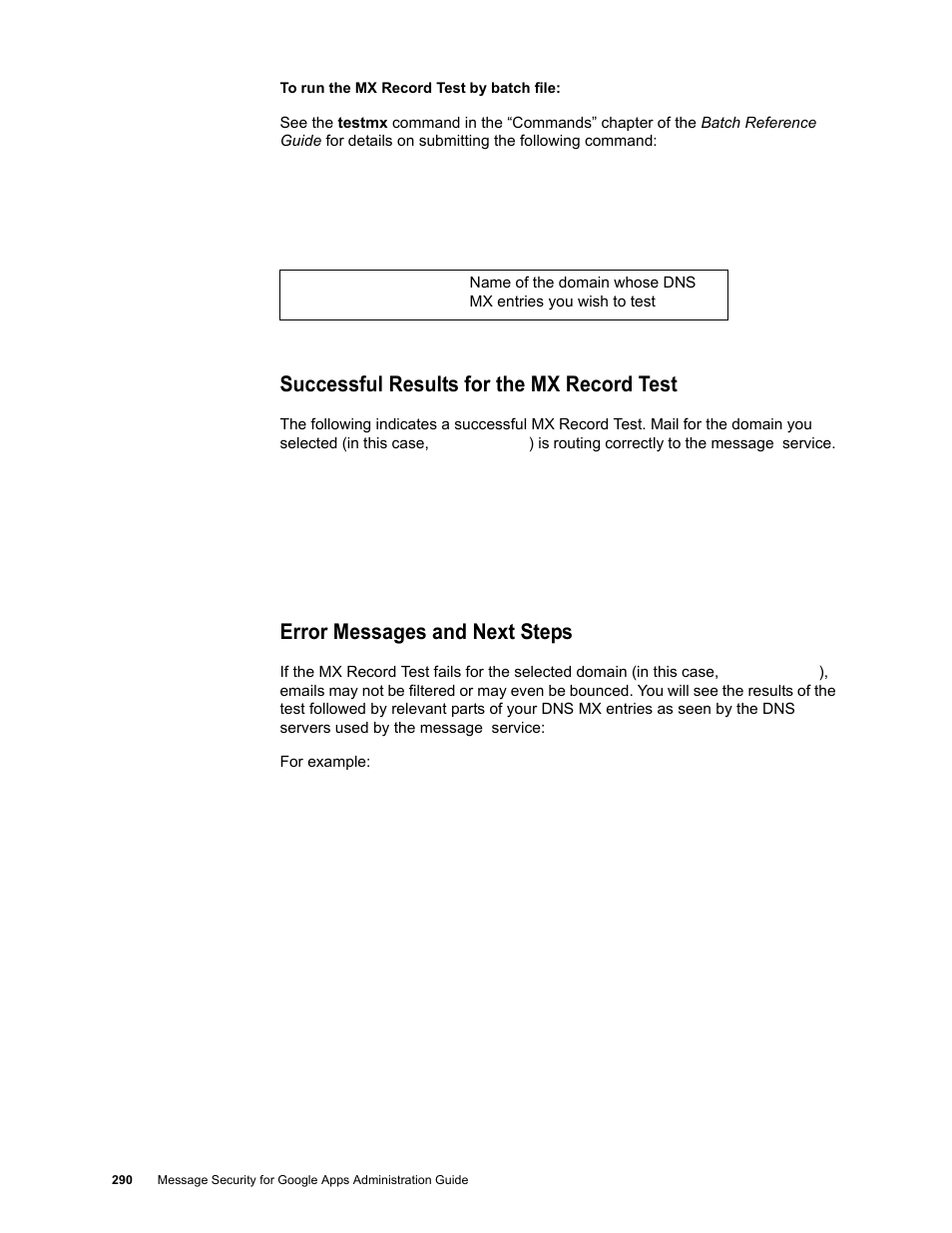 Successful results for the mx record test, Error messages and next steps | Google Message Security for Google Apps Administration Guide User Manual | Page 290 / 418